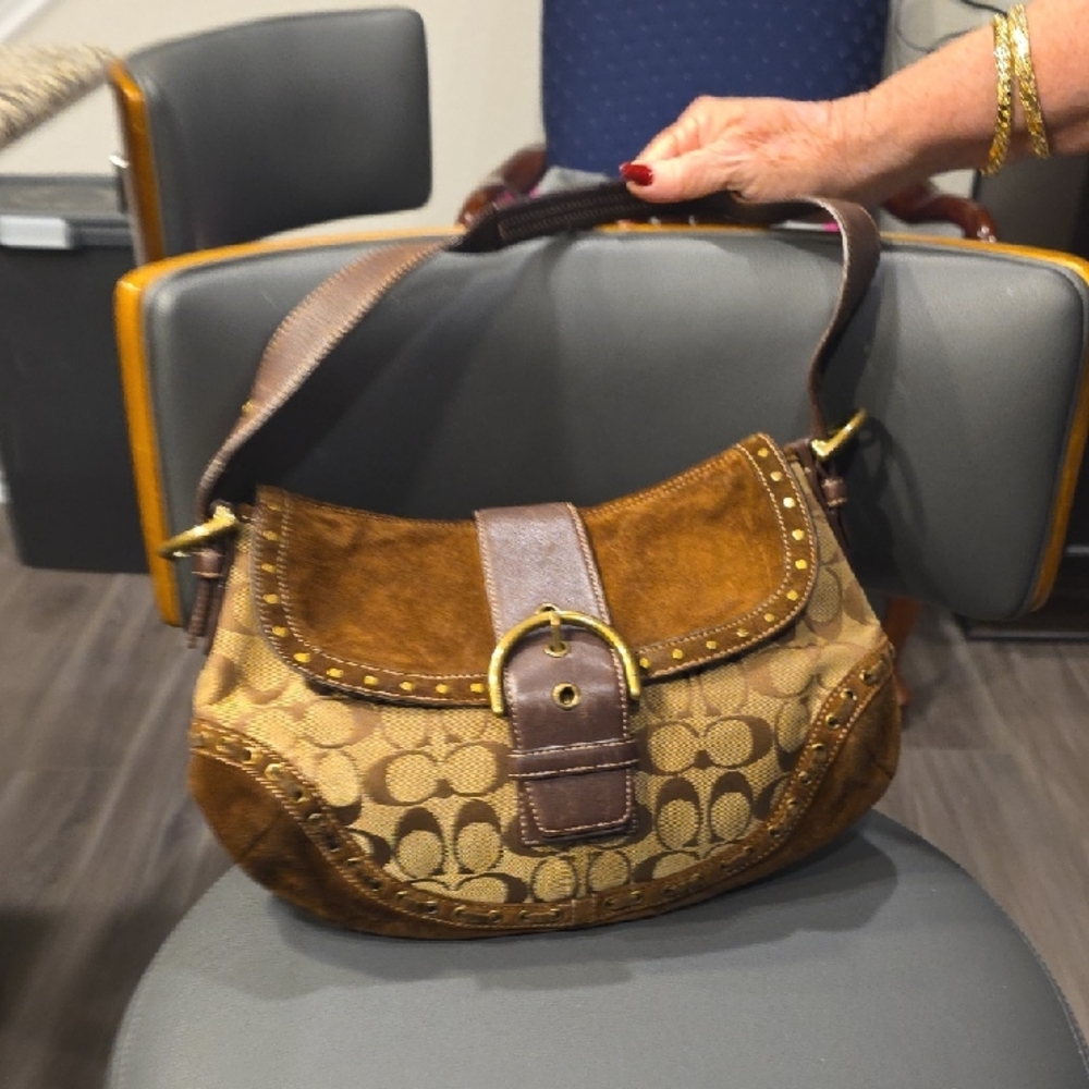 COACH SOHO BAG....TAN CANVAS WITH SUEDE FLAP LEATHER TRIM